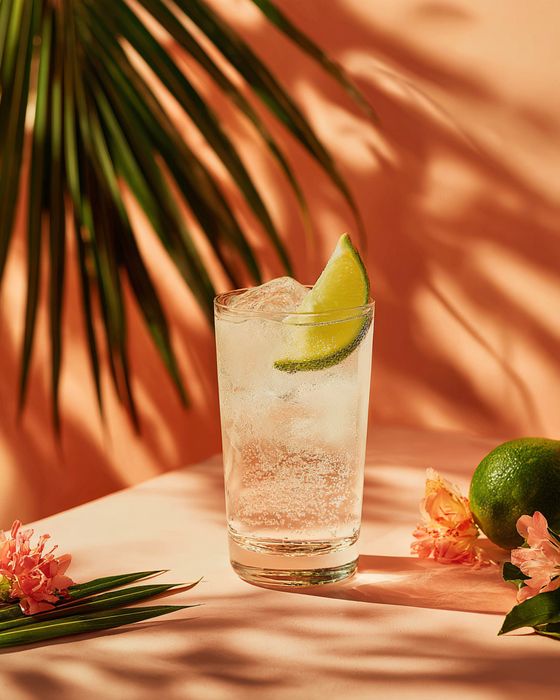 Lychee Bliss & Soda cocktail: highball glass, garnished with lime wedge