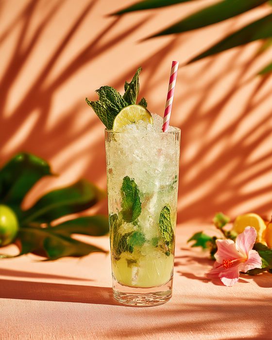 Lychee Bliss Mojito cocktail: highball glass, garnished with mint sprig