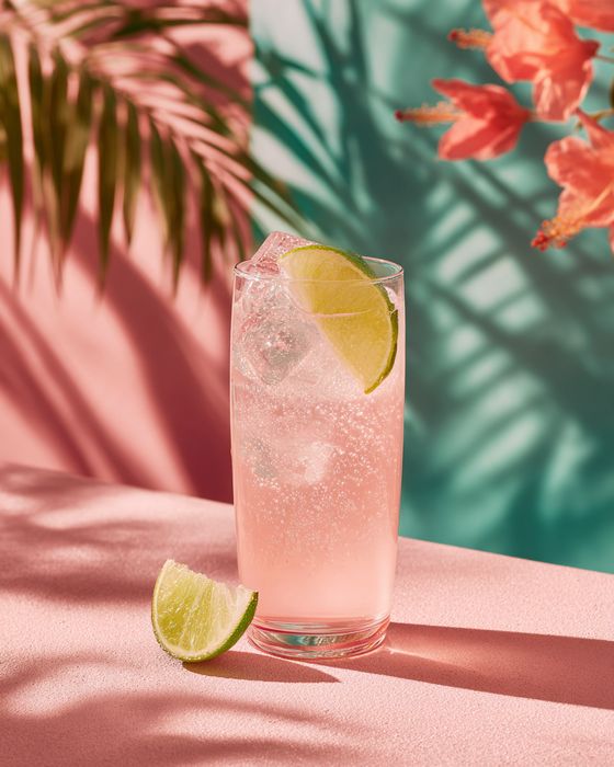 Pink Dream & Soda cocktail: highball glass, garnished with lime wedge