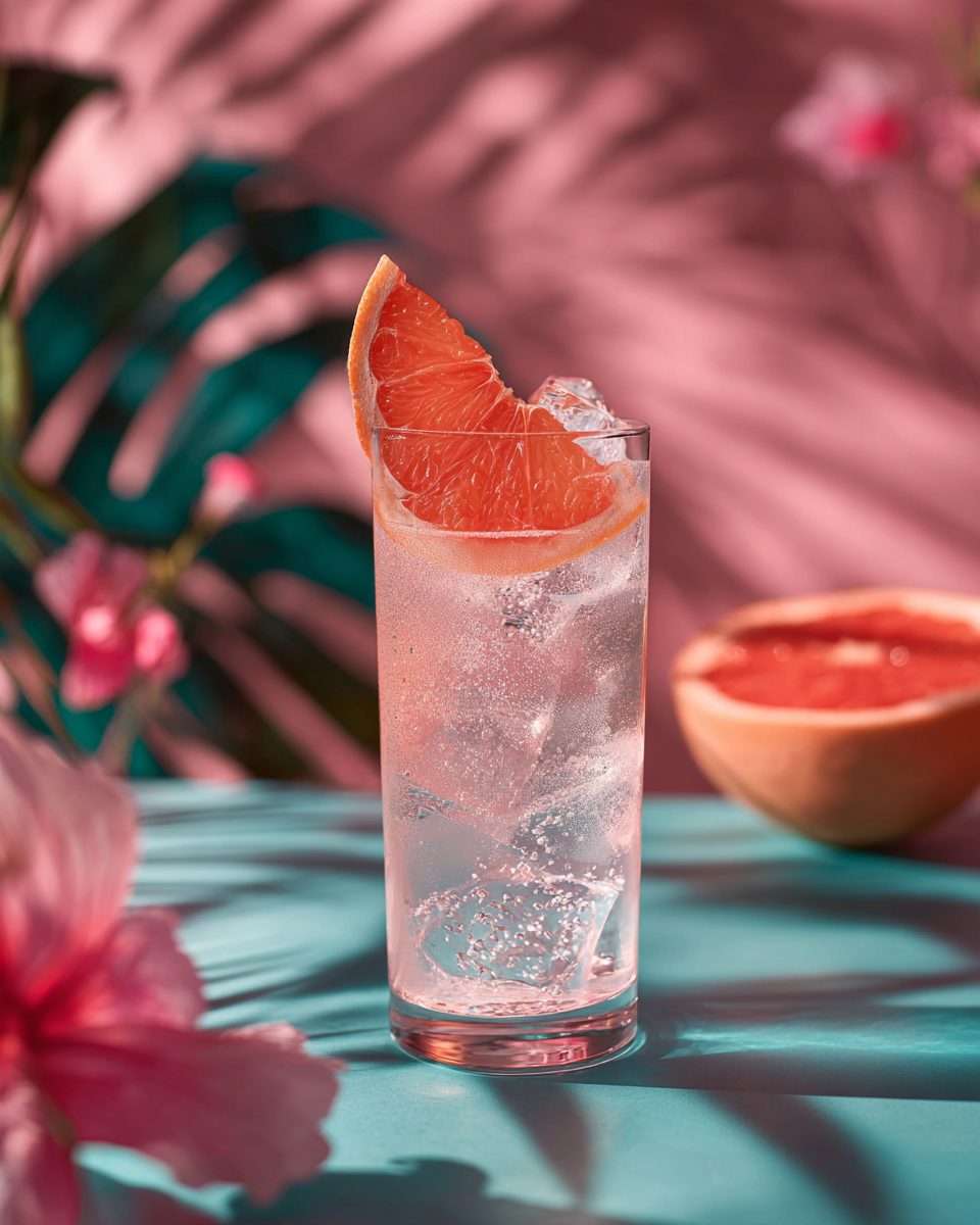 Pink Dream & Tonic cocktail: highball glass, garnished with grapefruit wedge
