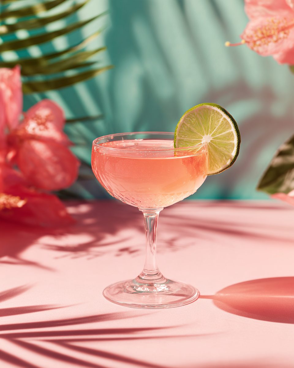 Pink Dream Daiquiri cocktail: coupe, garnished with thin lime wheel