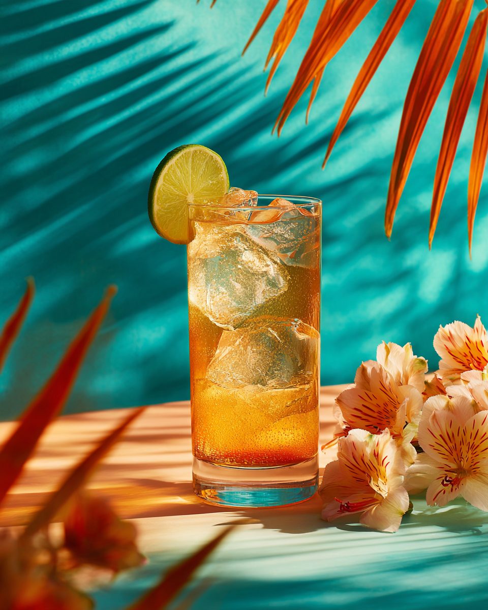 Spiced Velvet & Soda cocktail: highball glass, garnished with lime wedge