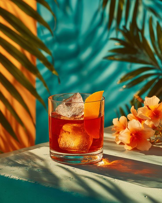 Spiced Velvet Old Fashioned cocktail: rocks glass, garnished with orange peel