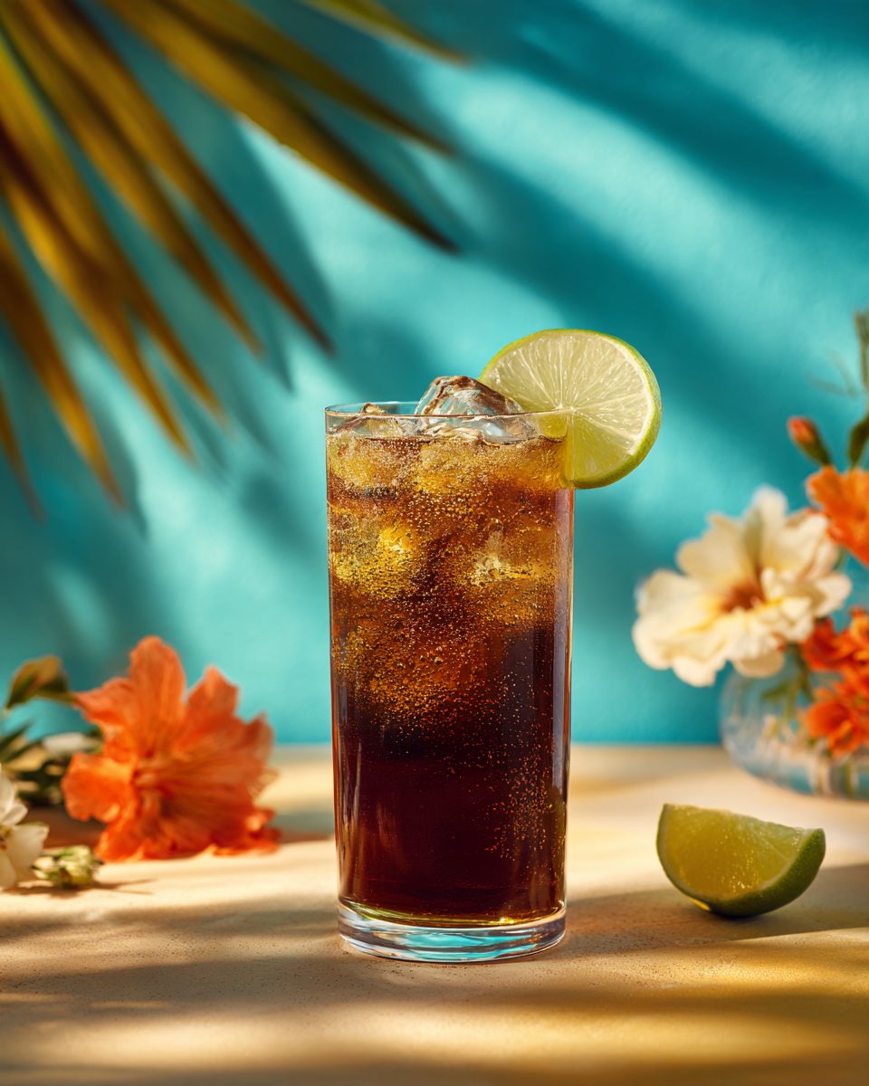 Velvet & Cola cocktail: highball glass, garnished with lime wedge