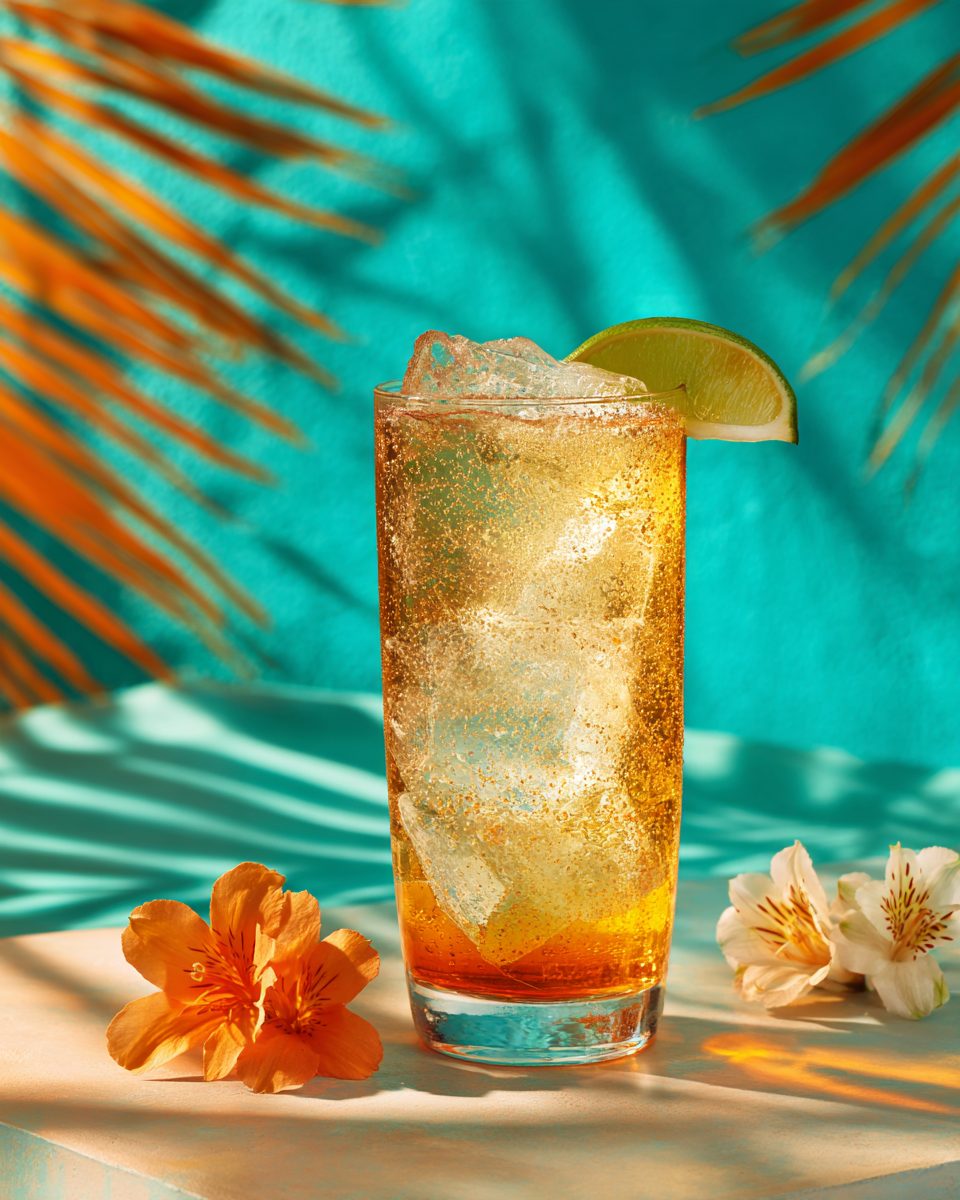 Velvet & Ginger cocktail: highball glass, garnished with lime wedge